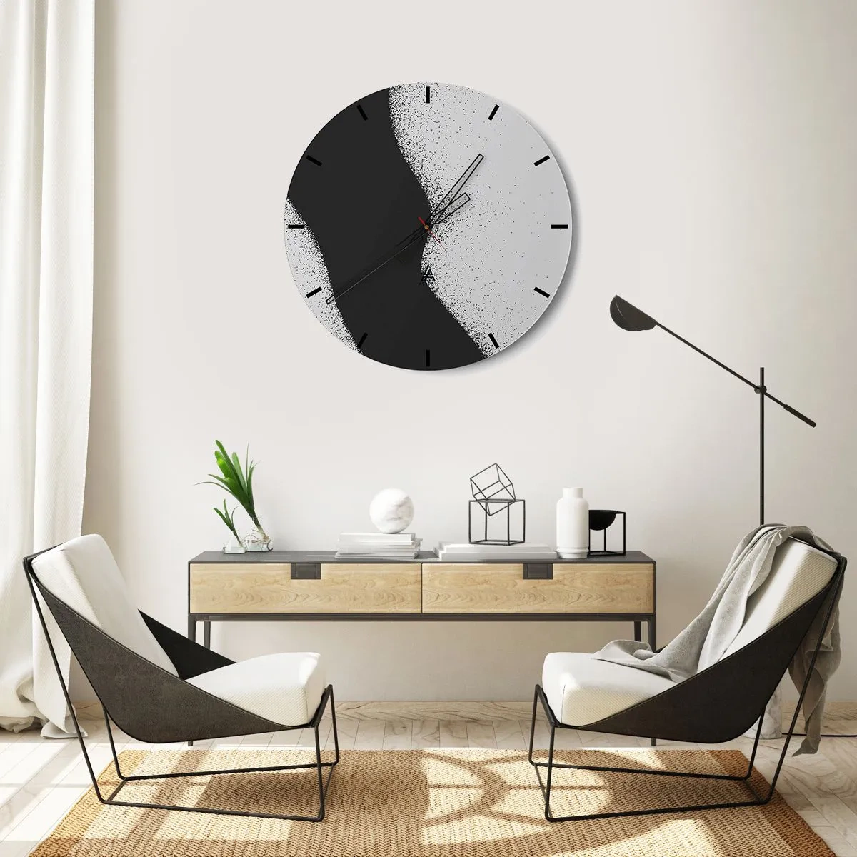 Wall clock - Clock on glass - Black and white abstraction with a smooth transition and a grainy effect - 30x30cm - Fluid Balance - Modern wall decoration for the living room, kitchen, and bedroom ARTTOR