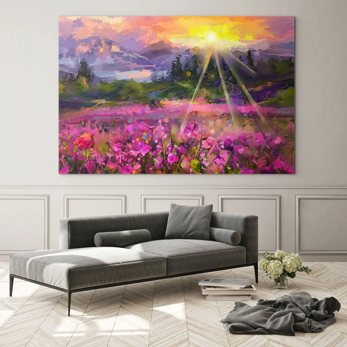 Glass picture - A picturesque valley full of flowers illuminated by the sun's rays - 70x50cm - In a Valley, Looked after by the Sun - Modern wall decoration for the living room and bedroom ARTTOR