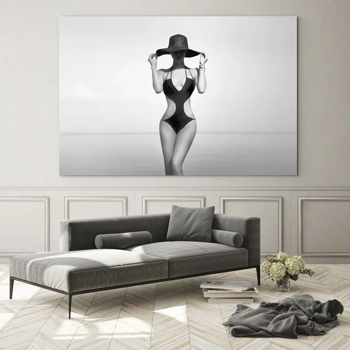 Glass picture - A woman in a black swimsuit and hat against the sea - 70x50cm - My Name Is: Elegance - Modern wall decoration for the living room and bedroom ARTTOR
