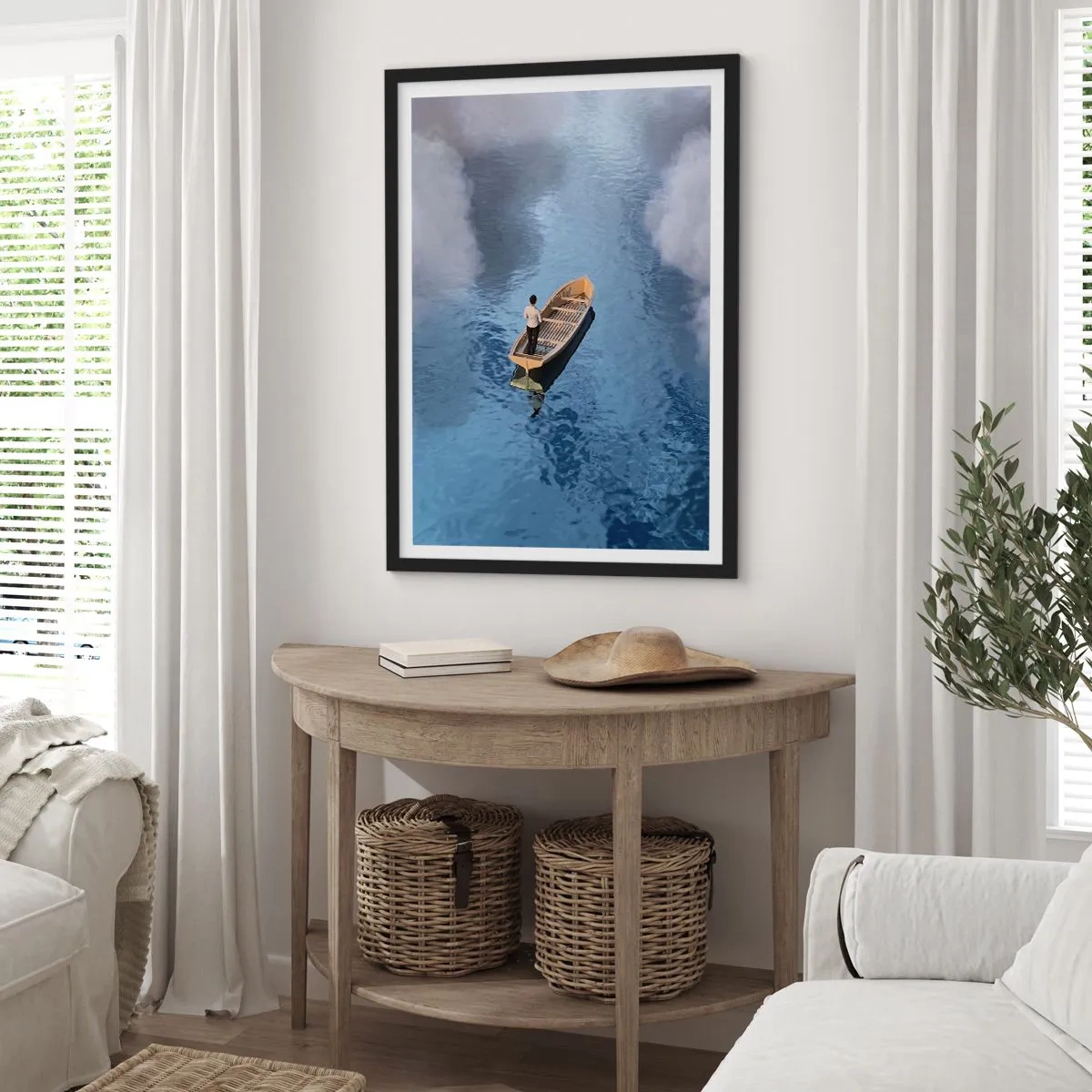 Poster in black frame - A person in a boat floating on water reflecting the sky and clouds. - 50x70cm - Life - Travel - Unknown - Modern wall decoration for the living room and bedroom ARTTOR