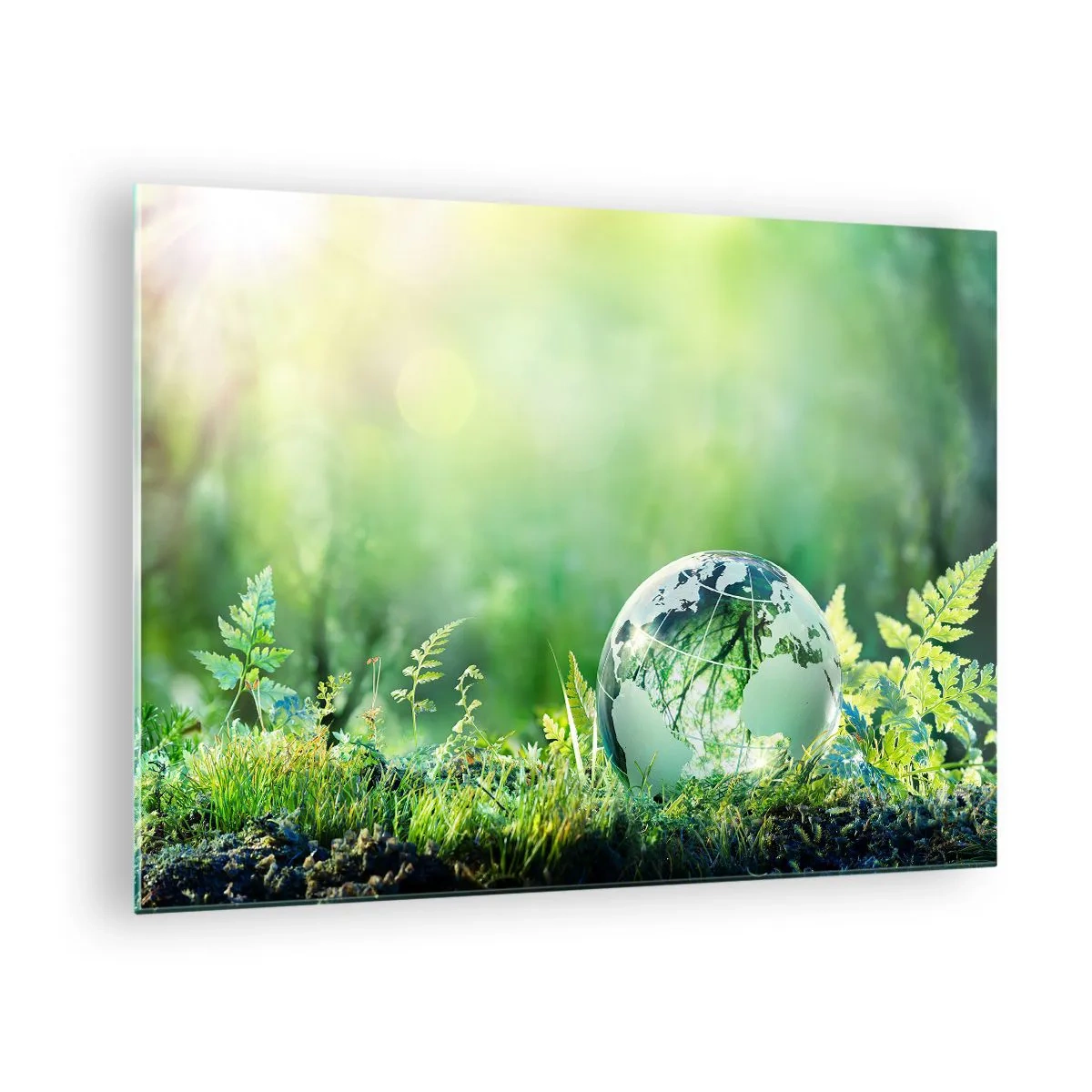 Glass picture - A glass ball with a world map against a background of green nature - 70x50cm - Green Planet - Modern wall decoration for the living room and bedroom ARTTOR