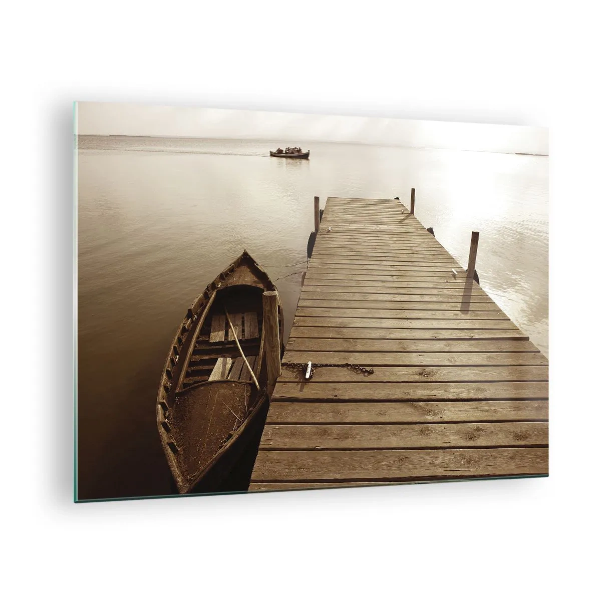 Glass picture - A boat at a pier on a calm lake in sepia - 70x50cm - Great Calm - Modern wall decoration for the living room and bedroom ARTTOR