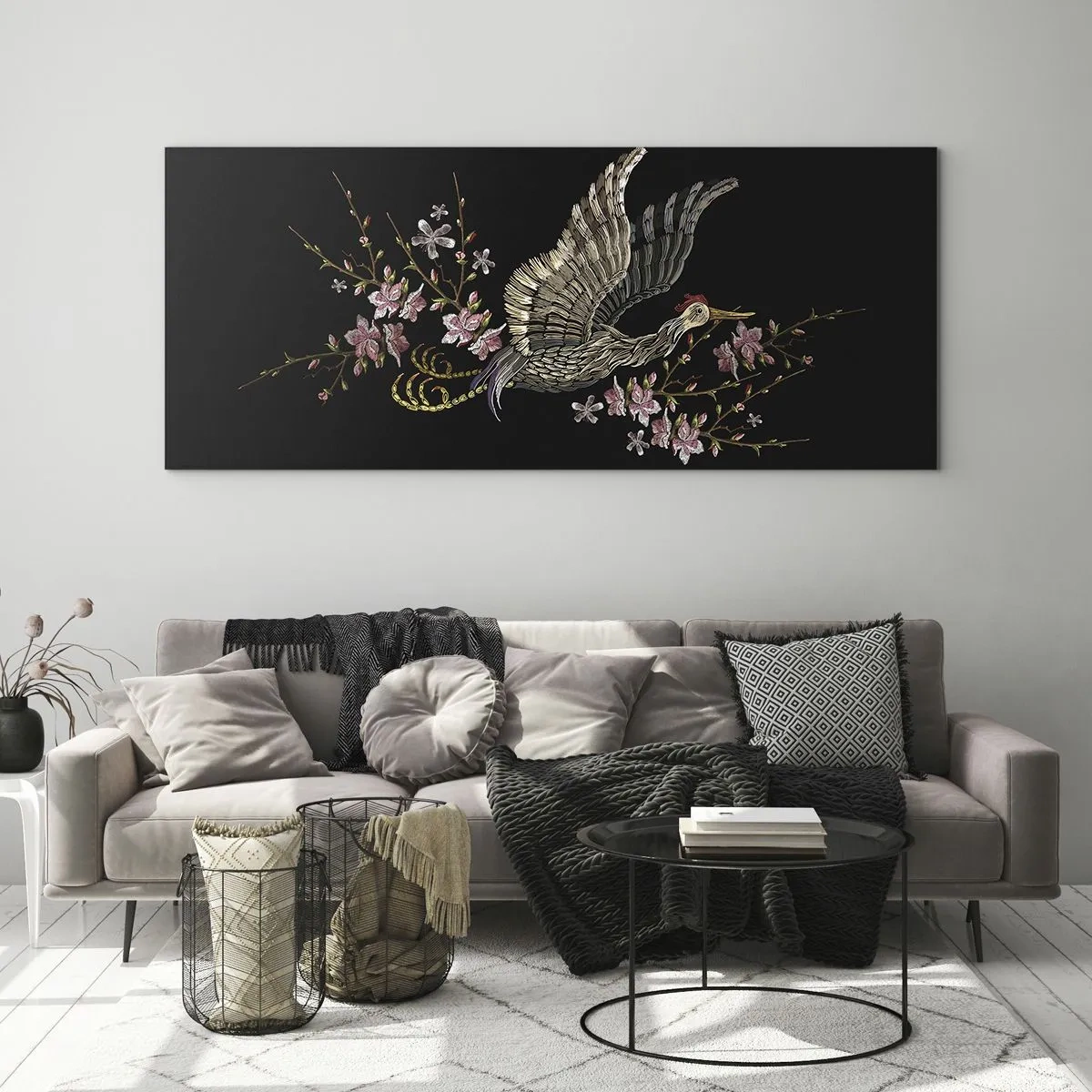 Glass picture - Exotic, Embroidered Bird - 100x40 cm