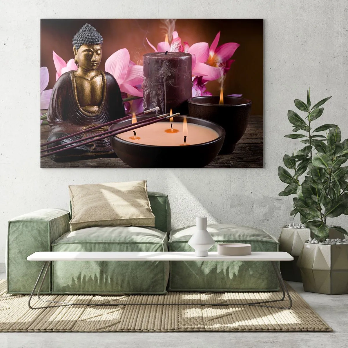 Glass picture - Relaxation composition with Buddha, candles and flowers - 70x50cm - Clear the Mind, Calm the Body - Modern wall decoration for the living room and bedroom ARTTOR