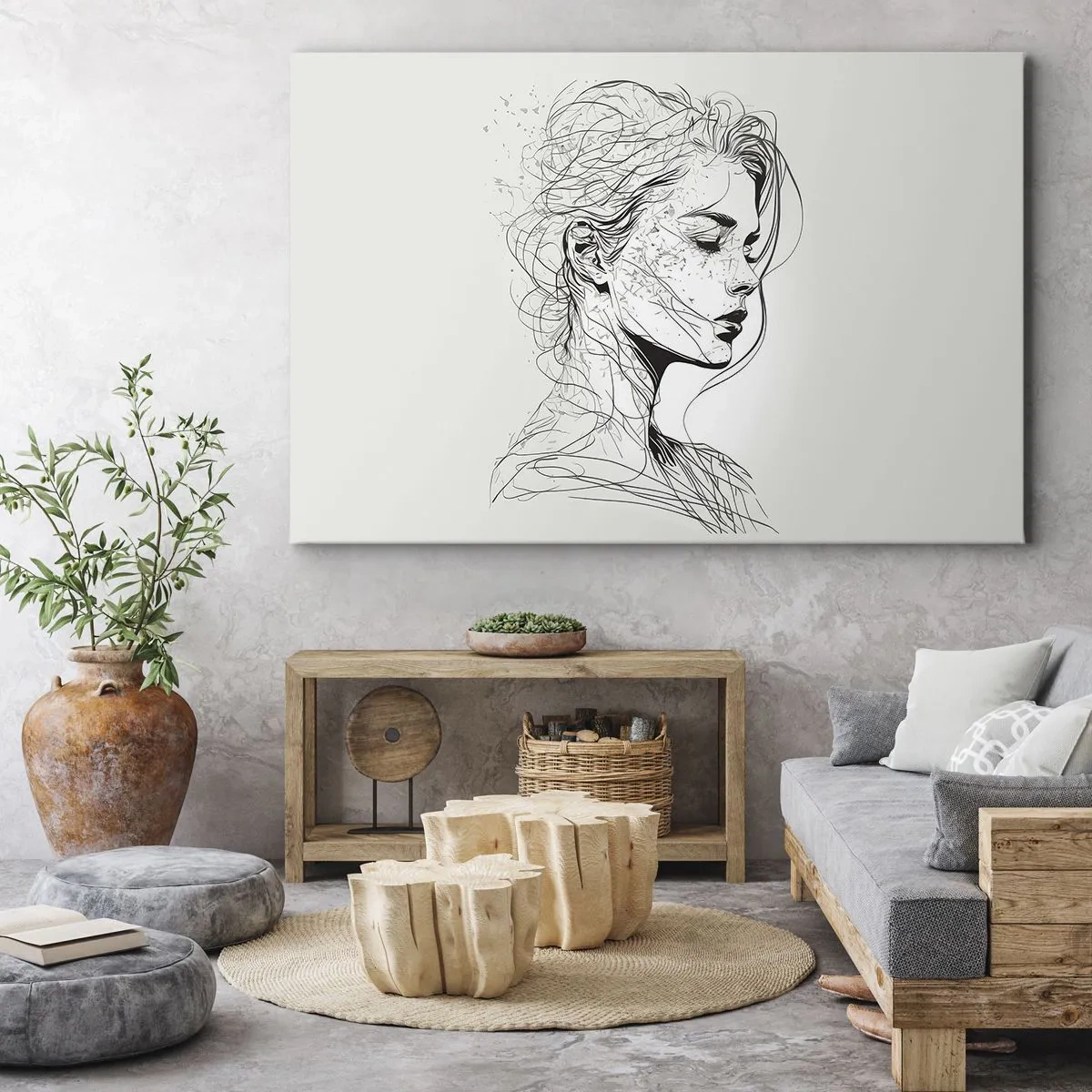 Canvas picture - A delicate portrait of a woman in a minimalist graphic style. - 70x50cm - Portrait in Thoughts - Modern wall decoration for the living room and bedroom ARTTOR