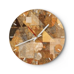Wall clock - Clock on glass - Geometric abstraction in shades of gold and brown - 30x30cm - Cubist Study in Brown - Modern wall decoration for the living room, kitchen, and bedroom ARTTOR