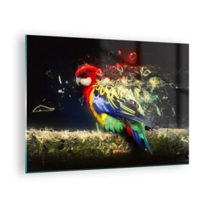 Glass picture - A colorful parrot in an artistic composition with a shatter effect - 70x50cm - Messenger of Light - Modern wall decoration for the living room and bedroom ARTTOR