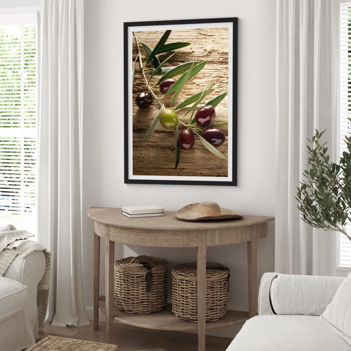Poster in black frame - Olive branch with green and black olives - 50x70cm - Straight from Nature - Modern wall decoration for the living room and bedroom ARTTOR
