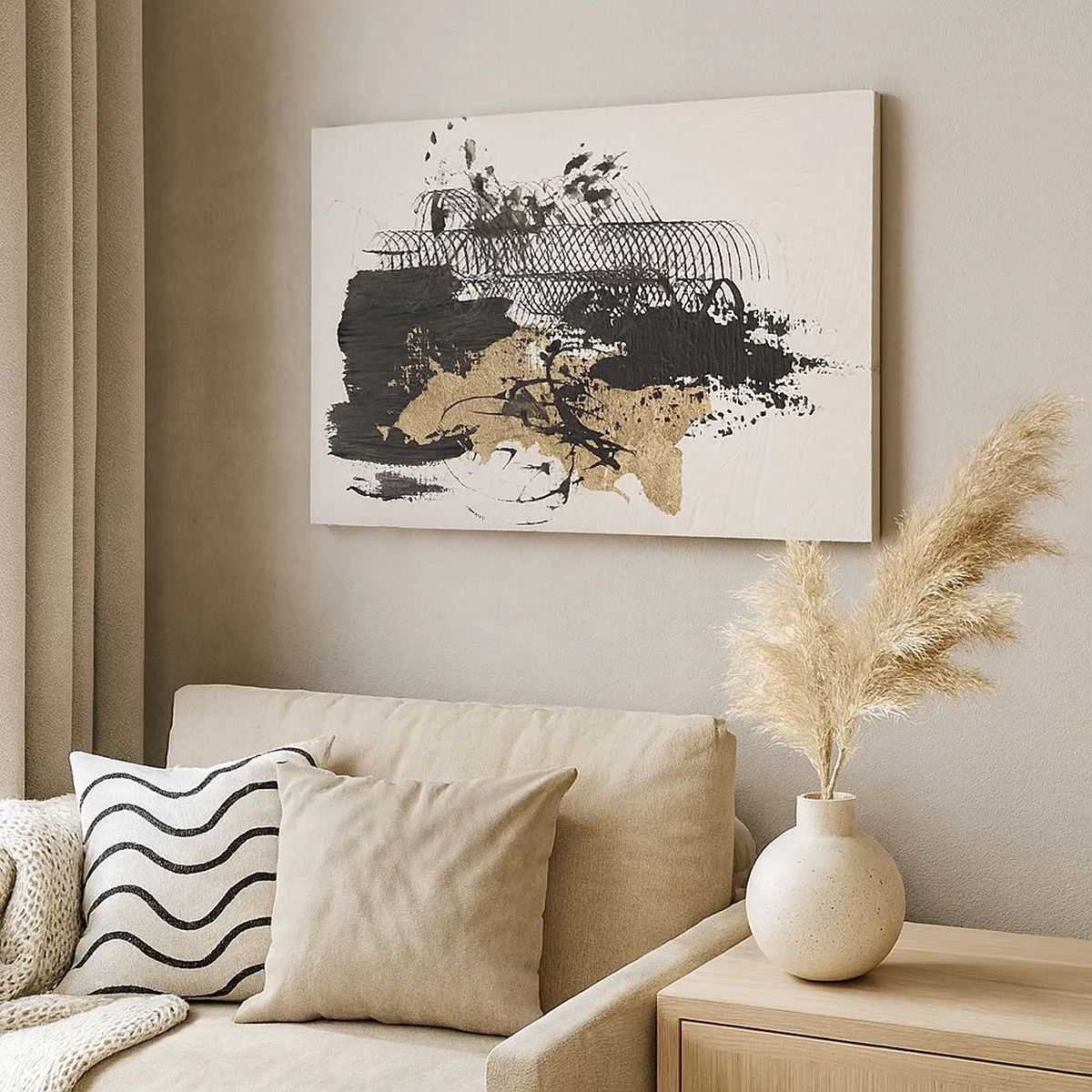 Canvas picture - An abstract painting in black and gold with dynamic lines and structures. - 70x50cm - Composition With Passion - Modern wall decoration for the living room and bedroom ARTTOR