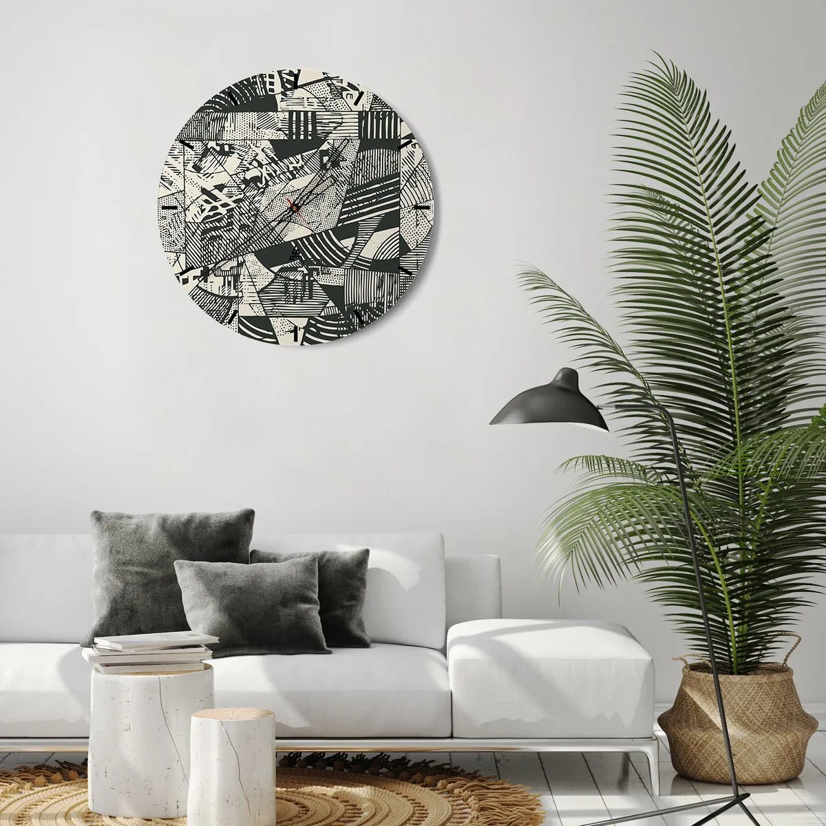 Wall clock - Clock on glass - Geometric abstract pattern in a graphic style - 30x30cm - Dynamics of Contemporaneity - Modern wall decoration for the living room, kitchen, and bedroom ARTTOR