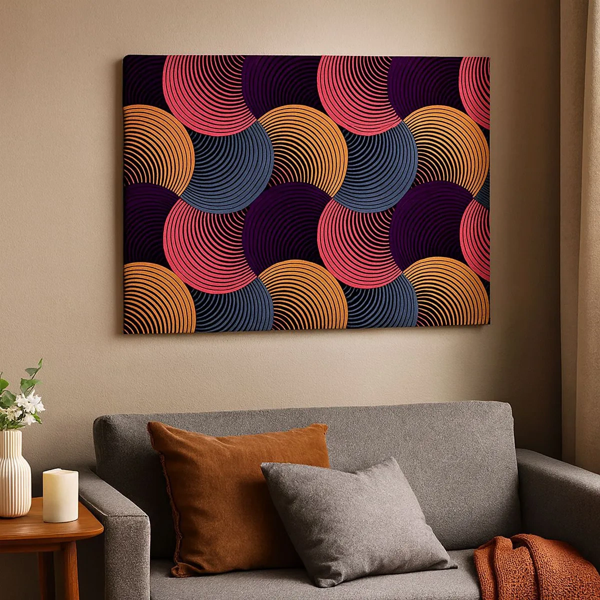 Canvas picture - Geometric circles in shades of pink, purple, and gold - 70x50cm - In a Circular Rhythm - Modern wall decoration for the living room and bedroom ARTTOR