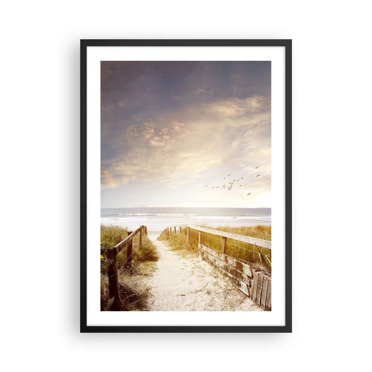 Poster in black frame - Path to the beach at sunset with birds flying by - 50x70cm - Space of Tranquility - Modern wall decoration for the living room and bedroom ARTTOR