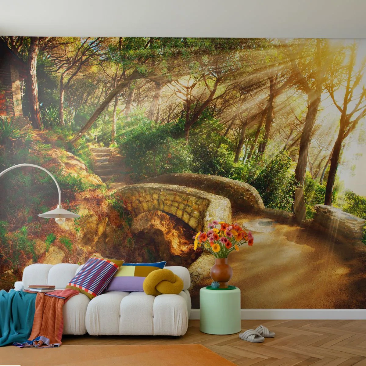 Photo Wallpaper Premium Canvas - From the Bridge to Enchanted Forest - Landscapes, Stone Stairs, Rays of the sun - 450x315 cm