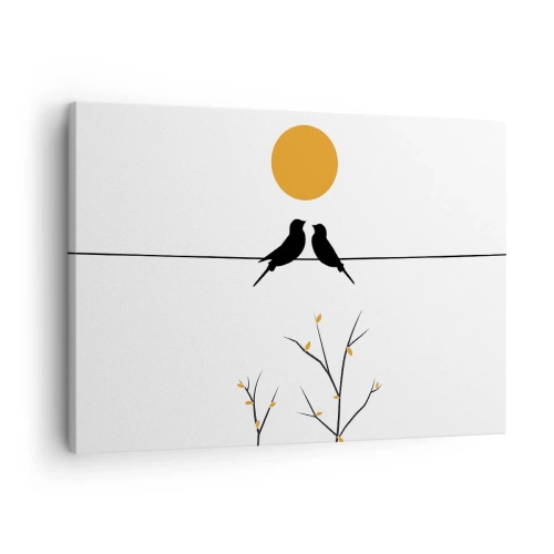 Canvas picture - Birds on a line with a yellow sun - 70x50cm - Nightingale Evening - Modern wall decoration for the living room and bedroom ARTTOR