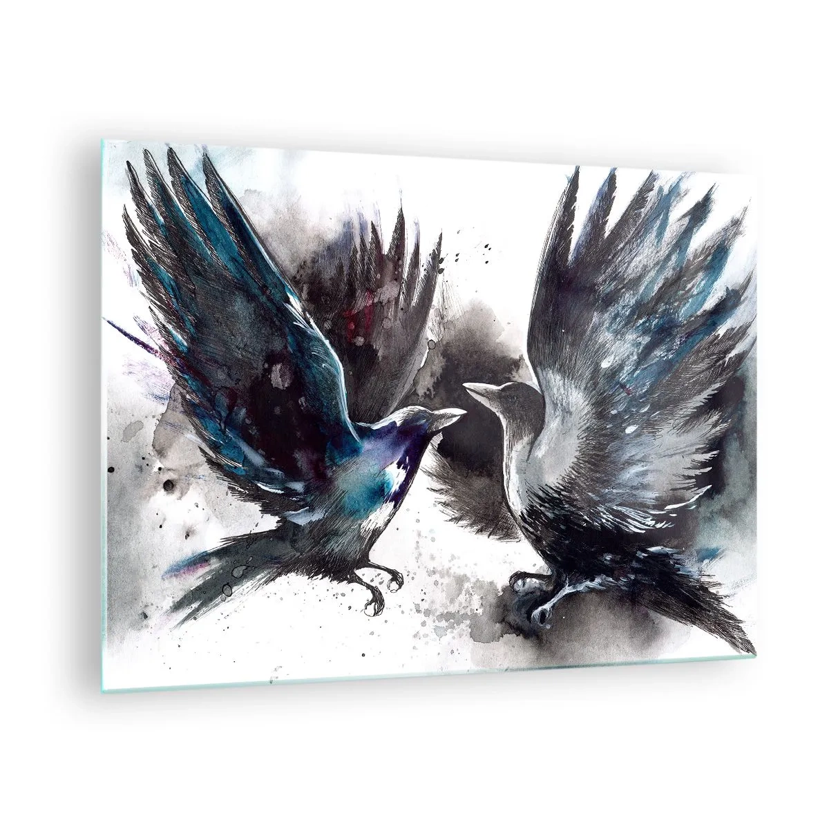 Glass picture - Two ravens in a dynamic pose with spread wings - 70x50cm - Two Crows - Modern wall decoration for the living room and bedroom ARTTOR