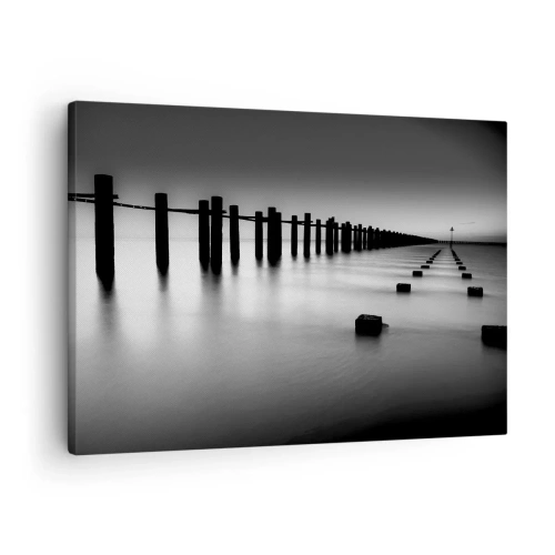 Canvas picture - Wooden poles and concrete blocks submerged in water in black and white tones - 70x50cm - Grey Distance in a Fog - Modern wall decoration for the living room and bedroom ARTTOR
