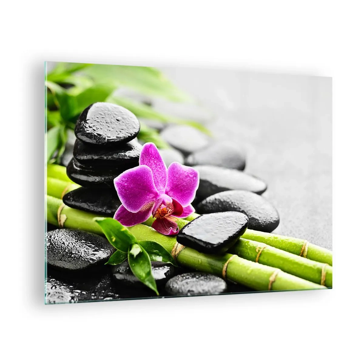 Glass picture - Orchid, black stones, and bamboo in a tranquil arrangement - 70x50cm - In a Peaceful Balance - Modern wall decoration for the living room and bedroom ARTTOR