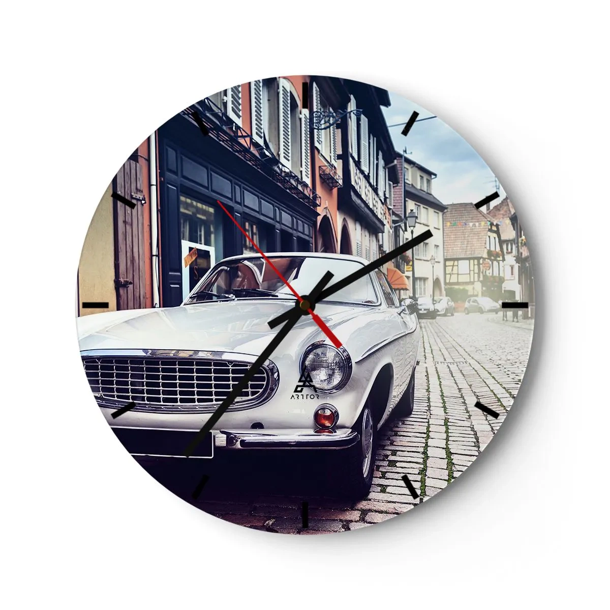 Wall clock - Clock on glass - A classic car on a cobblestone street surrounded by tenement houses - 30x30cm - The Past Is Today - Modern wall decoration for the living room, kitchen, and bedroom ARTTOR