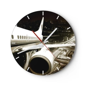 Wall clock - Clock on glass - An airplane against the backdrop of a night city - 30x30cm - Flying into the Night - Modern wall decoration for the living room, kitchen, and bedroom ARTTOR