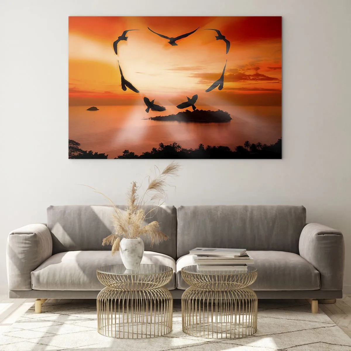 Glass picture - Birds forming a heart against the backdrop of a sunset - 70x50cm - Love the World Like Birds - Modern wall decoration for the living room and bedroom ARTTOR