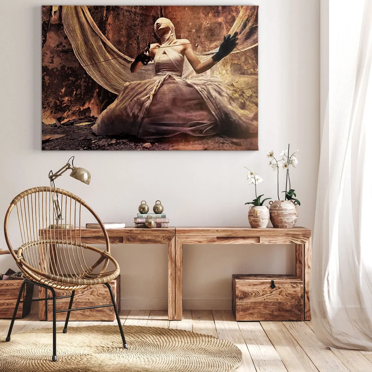 Canvas picture - A woman in a dress with her face covered and scissors in her hands - 70x50cm - Godess of Destiny - Modern wall decoration for the living room and bedroom ARTTOR