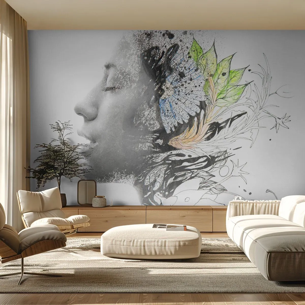 Self-Adhesive Photo Wallpaper Deluxe Sticker - Immersed in Nature - Abstraction, Woman's Face, Flowers - 250x175 cm