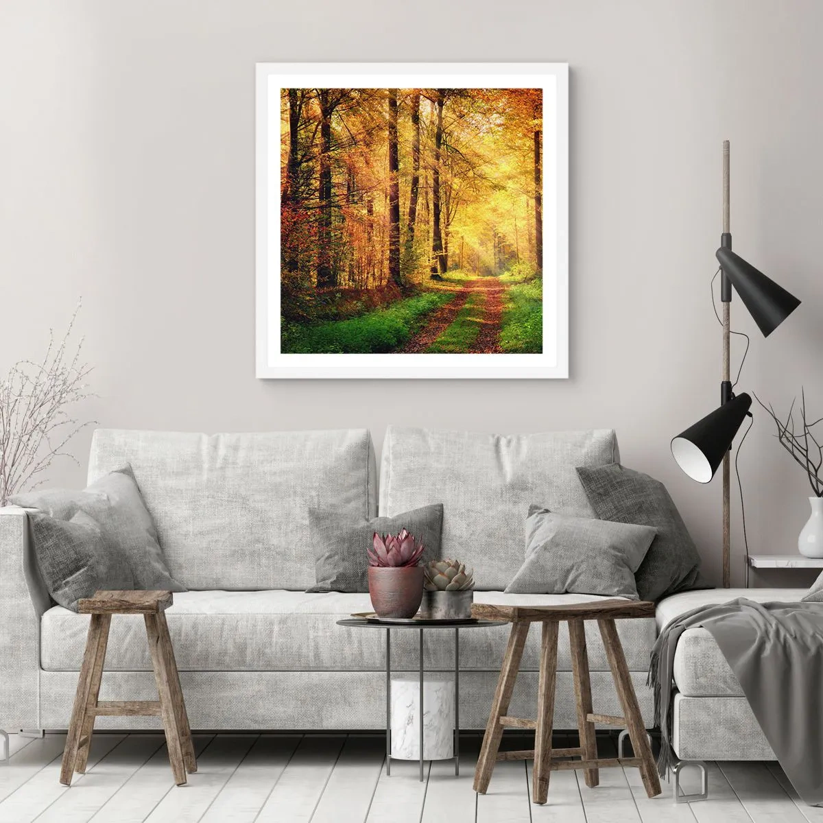 Poster in white frmae - Forest Golden silence - 60x60 cm