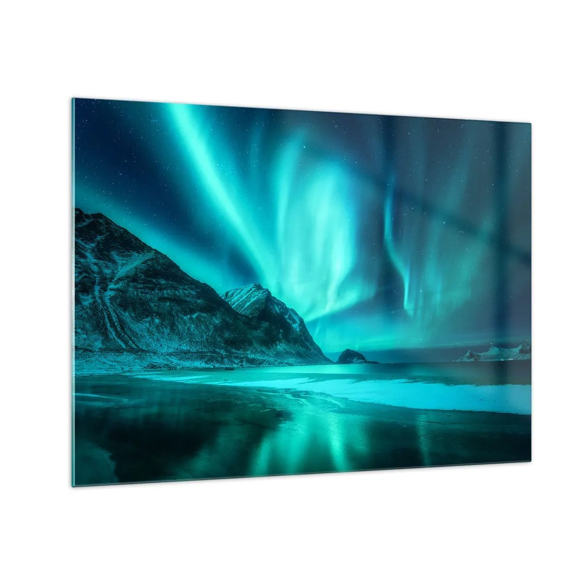 Glass picture - Aurora Borealis over a mountain landscape and frozen sea - 70x50cm - Miracles of the North - Modern wall decoration for the living room and bedroom ARTTOR