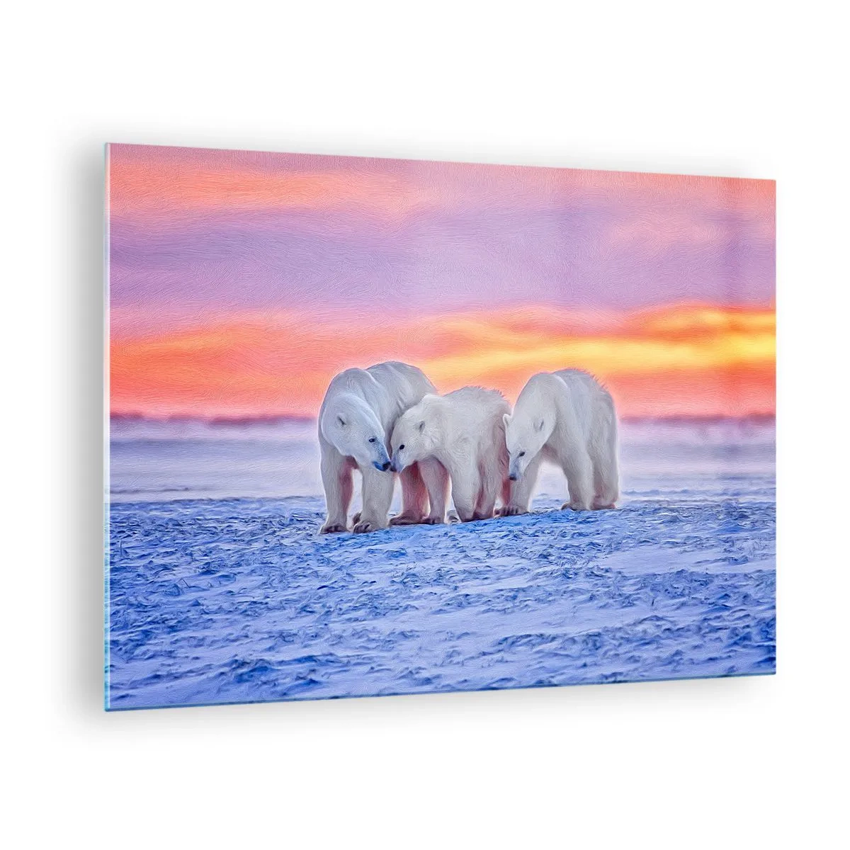 Glass picture - Three polar bears on a snowy background at sunset - 70x50cm - Family Warmth Is Enough - Modern wall decoration for the living room and bedroom ARTTOR