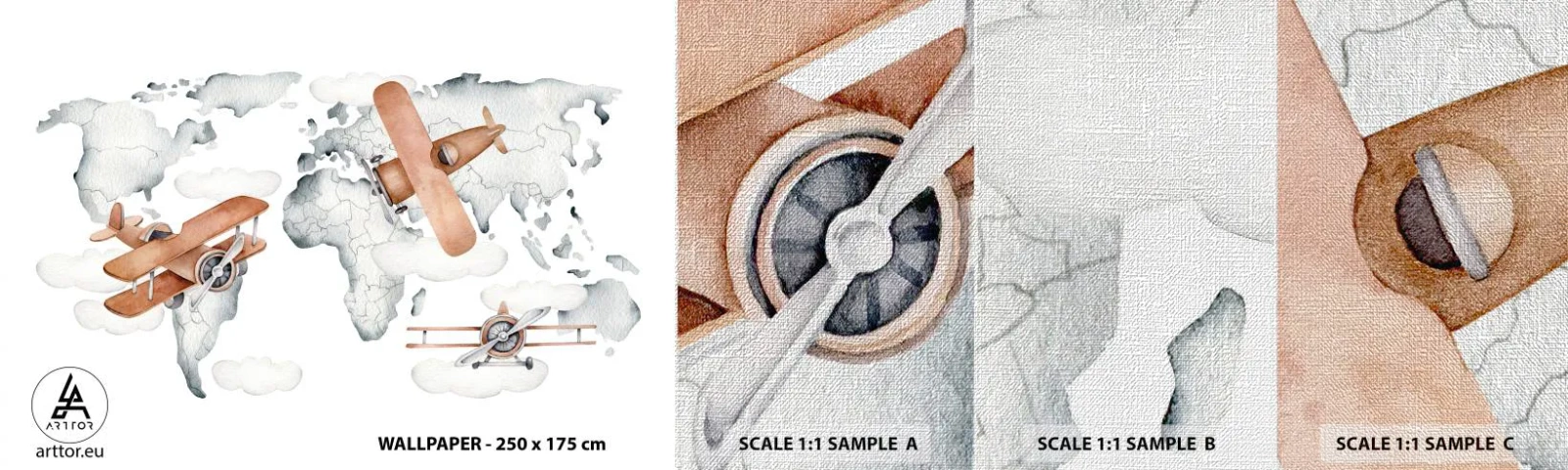 Photo Wallpaper Sample Premium Canvas - In a Pioneering Spirit - World map, Airplanes, Children's - 100x30 cm