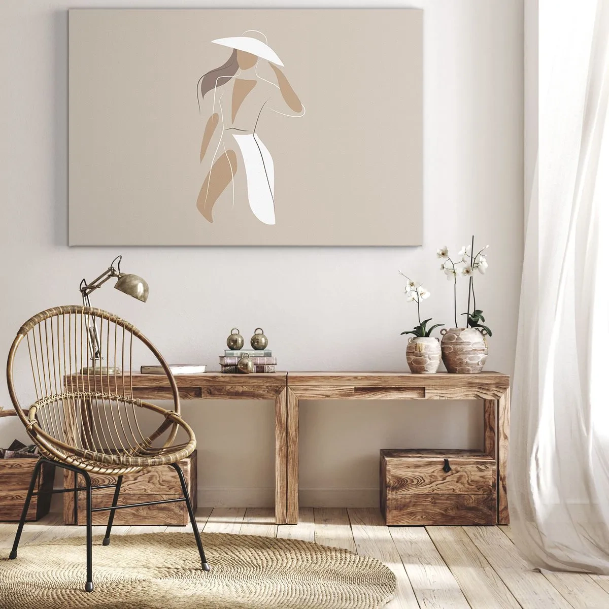 Canvas picture - A minimalist drawing of a woman in a hat on a beige background. - 70x50cm - Fashion Is Fun - Modern wall decoration for the living room and bedroom ARTTOR