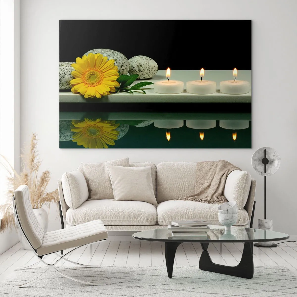 Glass picture - Candles, stones and a yellow flower reflected in the water - 70x50cm - Soothing of the Senses - Modern wall decoration for the living room and bedroom ARTTOR