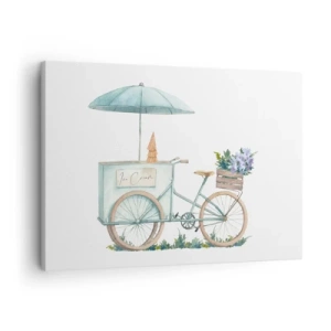 Canvas picture - A bicycle with ice cream and flowers under an umbrella in delicate pastel colors - 70x50cm - Sweet Memory of the Summer - Modern wall decoration for the living room and bedroom ARTTOR