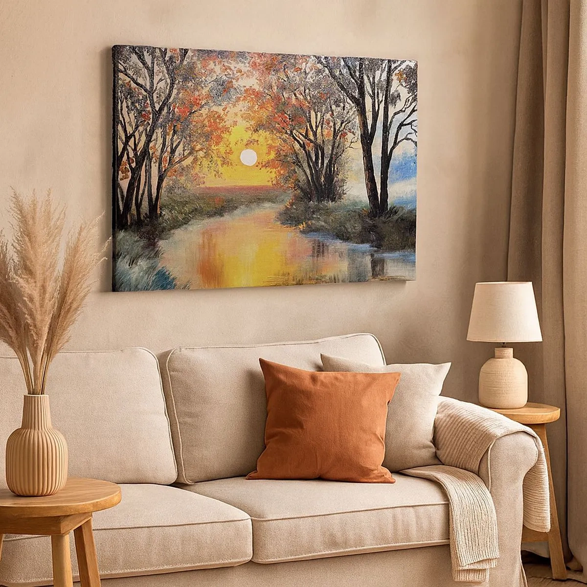 Canvas picture - Sunset over the river in an autumn landscape - 70x50cm - Autumn Impressions - Modern wall decoration for the living room and bedroom ARTTOR