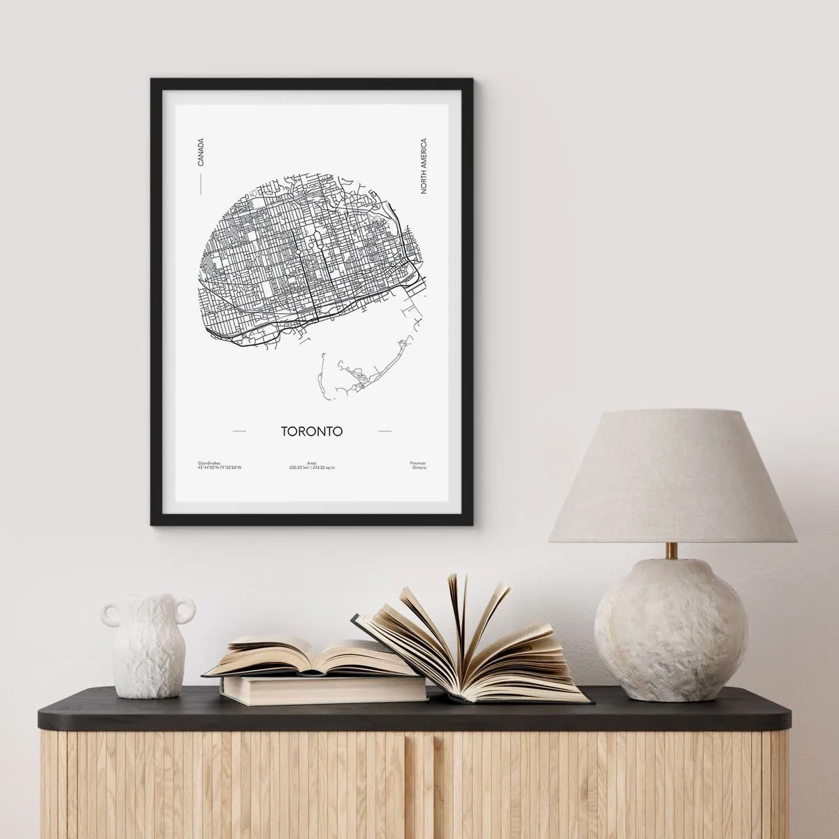 Poster in black frame - A minimalist black and white map of Toronto - 50x70cm - Anatomy of Toronto - Modern wall decoration for the living room and bedroom ARTTOR