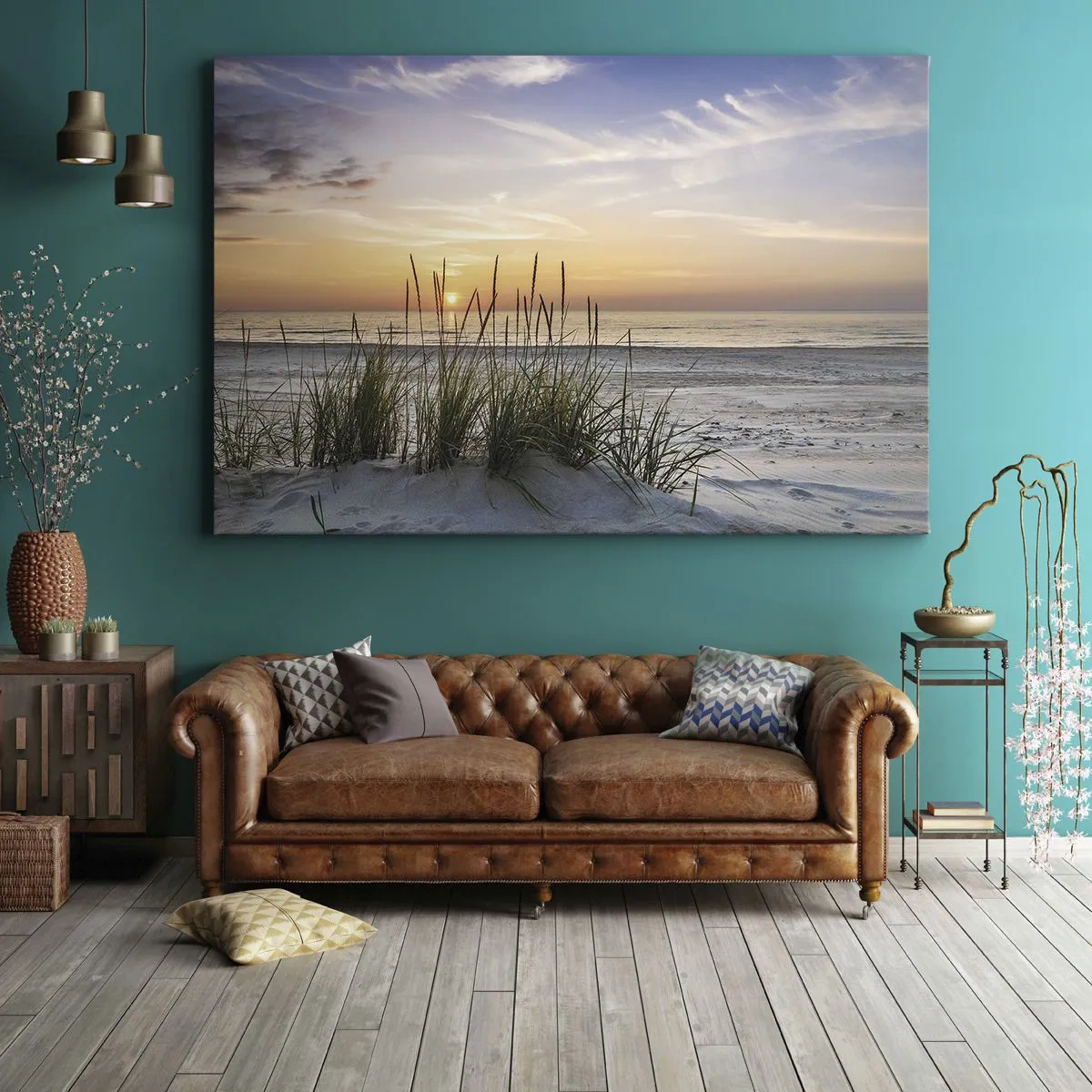 Canvas picture - sandy beach at sunset with grass in the background - 70x50cm - Look, Think, Feel - Modern wall decoration for the living room and bedroom ARTTOR