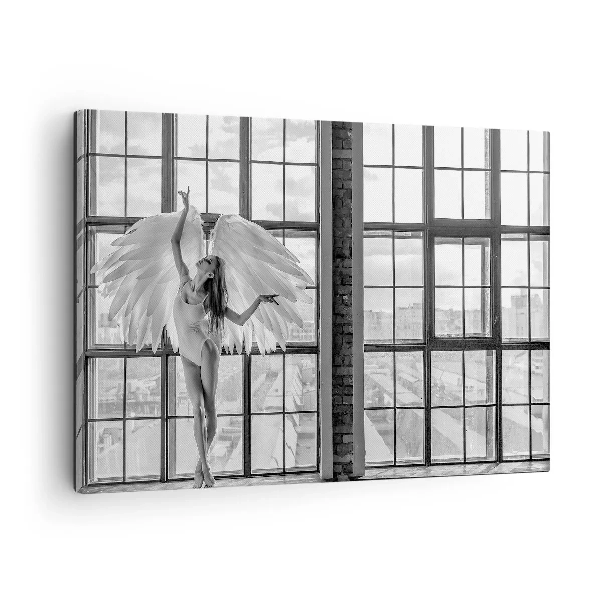 Canvas picture - A woman with angel wings against the background of a loft window - 70x50cm - City of Angels? - Modern wall decoration for the living room and bedroom ARTTOR