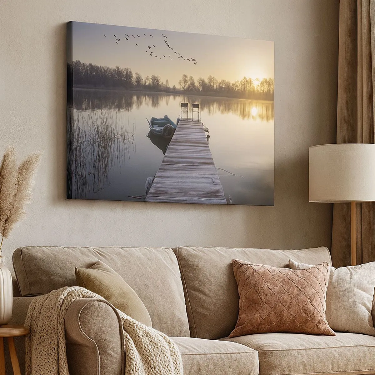 Canvas picture - A lakeside pier in the morning with a boat and chairs - 70x50cm - I Will Be Back Soon - Modern wall decoration for the living room and bedroom ARTTOR