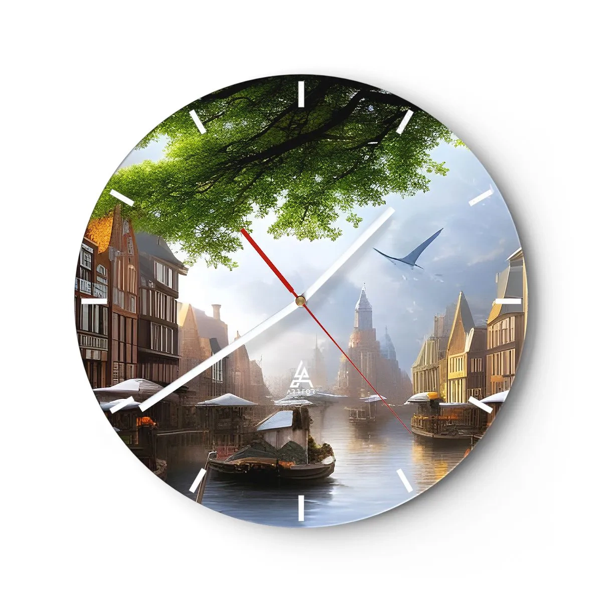 Wall clock - Clock on glass - Water canal with boats and historic tenement houses - 30x30cm - Dutch Urban Landscape - Modern wall decoration for the living room, kitchen, and bedroom ARTTOR
