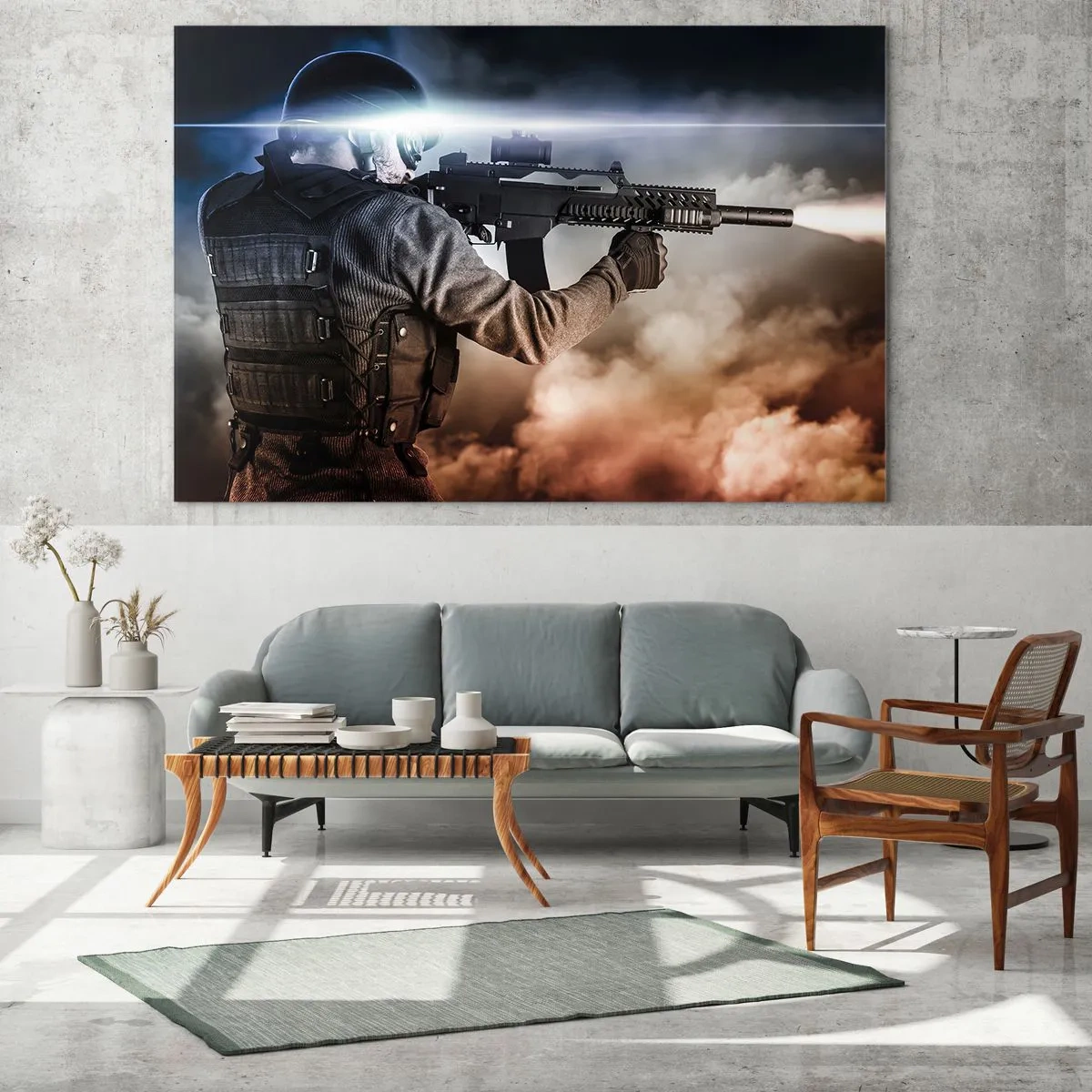 Glass picture - A soldier in action firing a rifle against a background of smoke. - 70x50cm - Simply a Hero - Modern wall decoration for the living room and bedroom ARTTOR