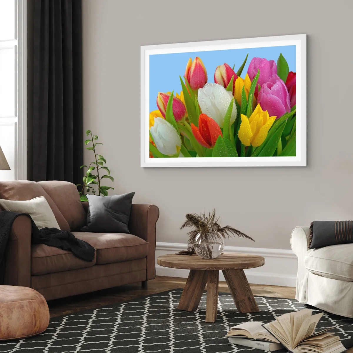 Poster in white frmae - Floral Rainbow in Dew Drops - 91x61 cm