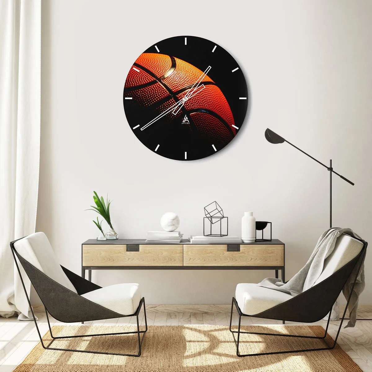 Wall clock - Clock on glass - Basketball on a dark background - 30x30cm - Beautiful Like a Planet - Modern wall decoration for the living room, kitchen, and bedroom ARTTOR