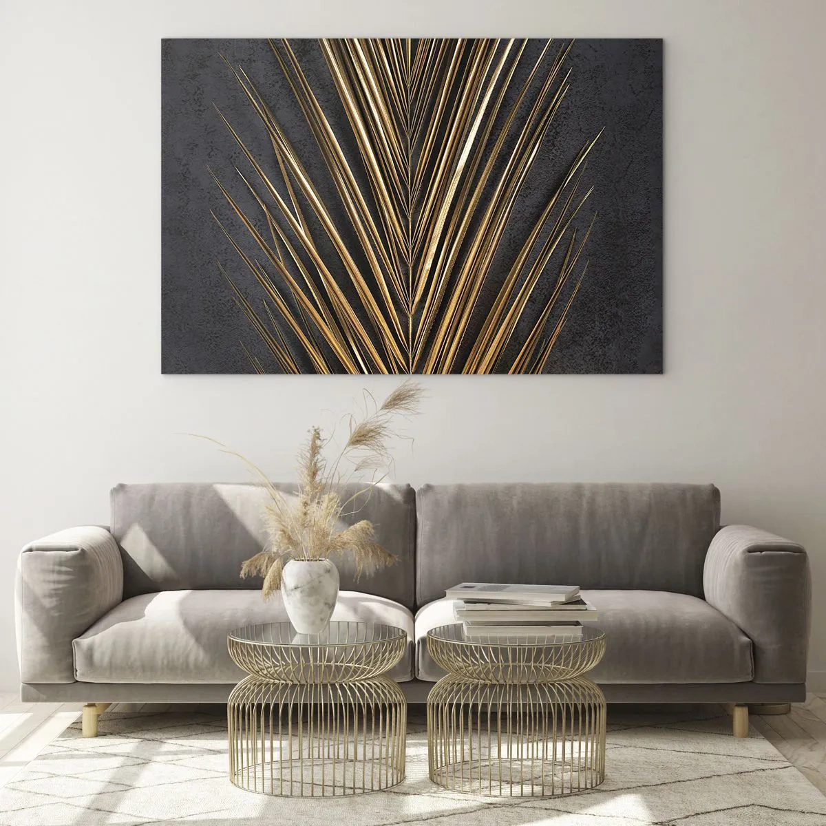 Glass picture - Golden palm leaf on a dark background - 70x50cm - Gold of the Tropics - Modern wall decoration for the living room and bedroom ARTTOR