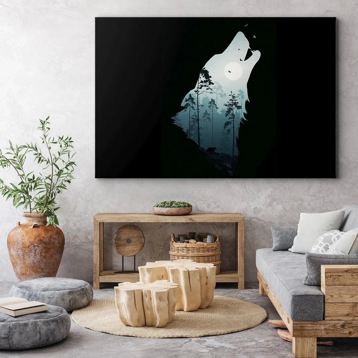 Canvas picture - Silhouette of a wolf with a forest and moon in the background - 70x50cm - Sound of a Night Forest - Modern wall decoration for the living room and bedroom ARTTOR