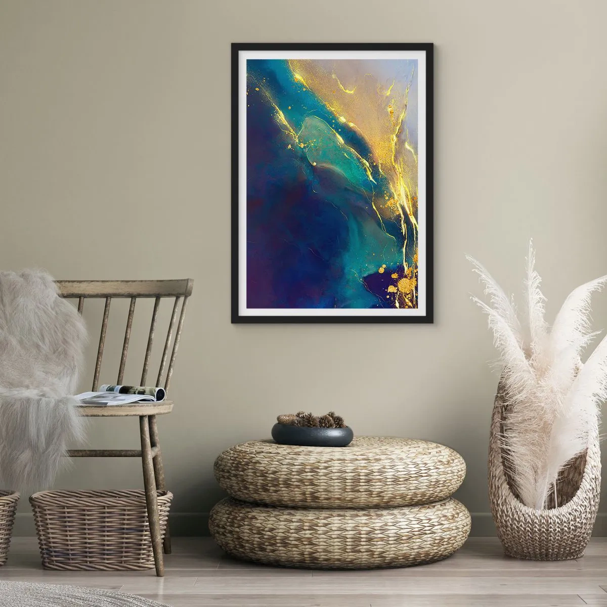 Poster in black frame - An abstract composition in shades of navy blue and gold - 50x70cm - Golden Flood - Modern wall decoration for the living room and bedroom ARTTOR
