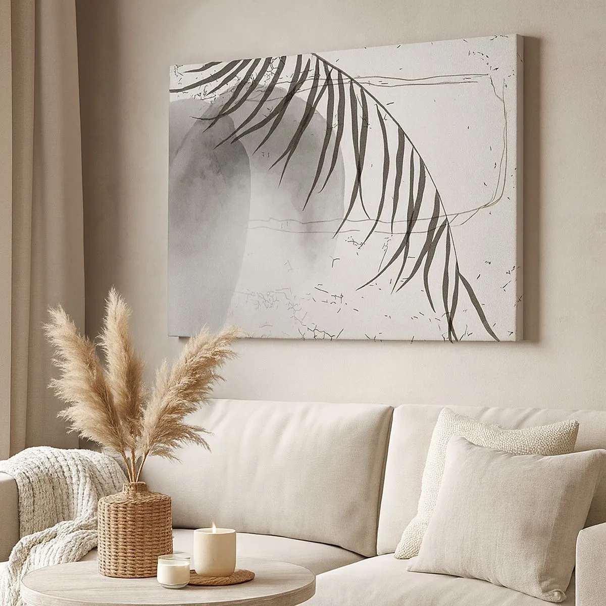 Canvas picture - A delicate palm leaf motif on a light background in Scandinavian style. - 70x50cm - Subtle Exoticism of Nature - Modern wall decoration for the living room and bedroom ARTTOR
