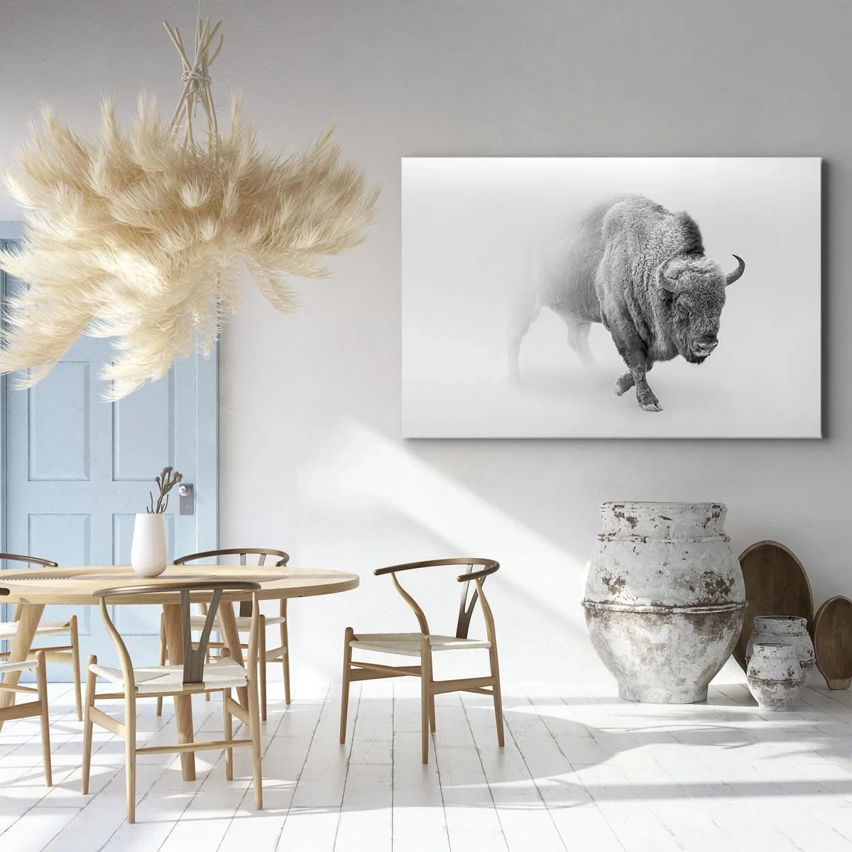 Canvas picture - White bison in a minimalist setting - 70x50cm - King of the Prairie - Modern wall decoration for the living room and bedroom ARTTOR