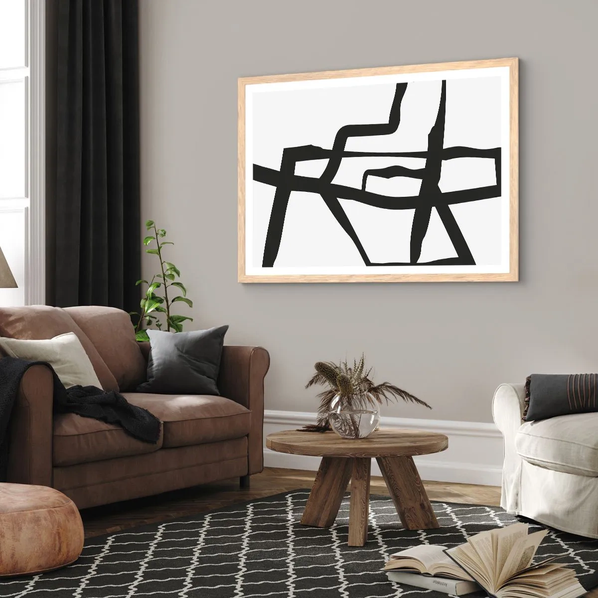 Poster in light oak frame - Black and White Construction - 70x50 cm
