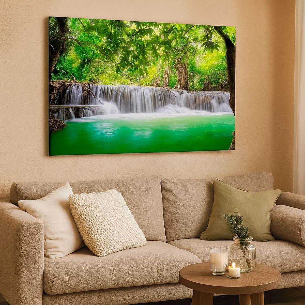 Canvas picture - A green waterfall surrounded by dense tropical vegetation - 70x50cm - Cascade in Green - Modern wall decoration for the living room and bedroom ARTTOR