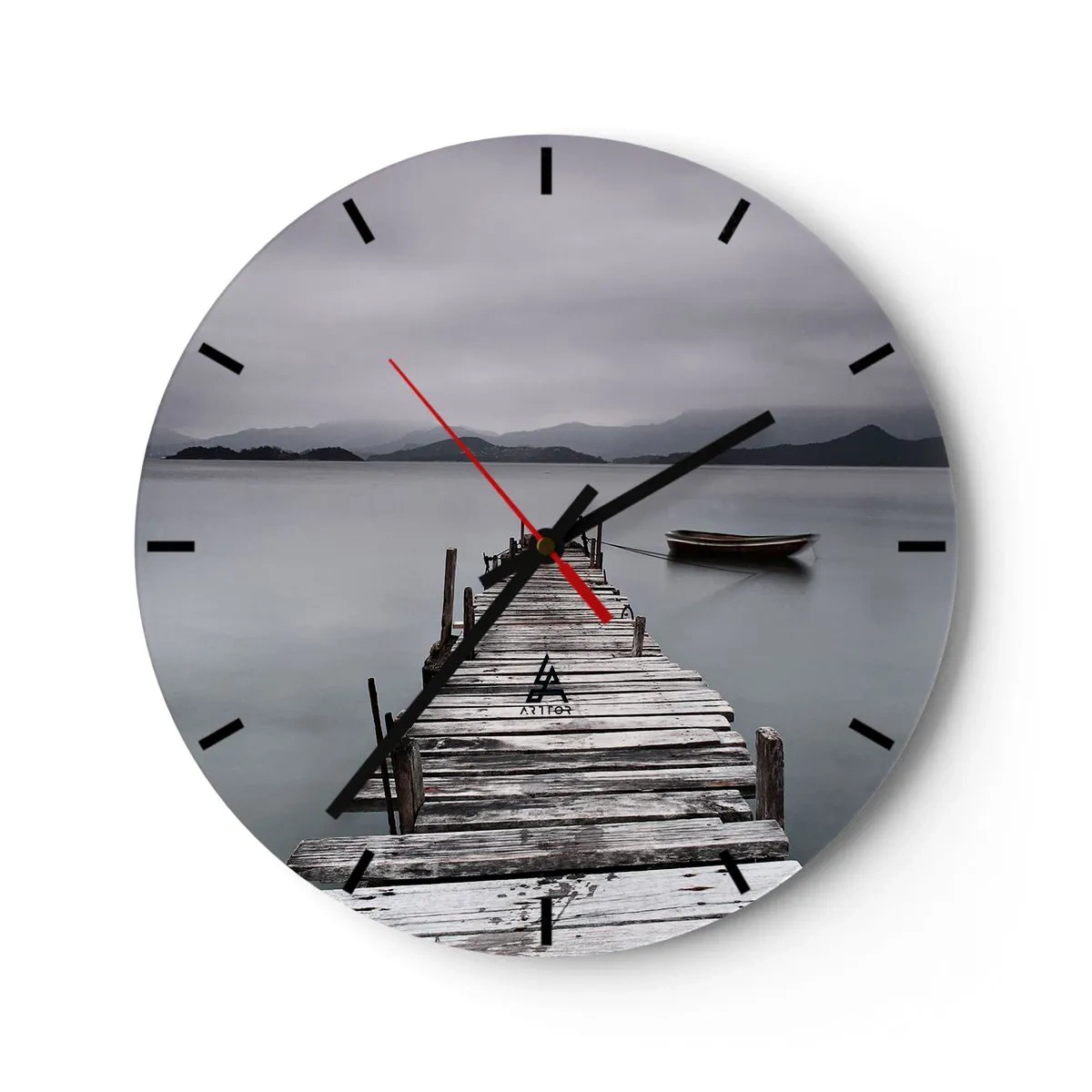 Wall clock - Clock on glass - A wooden jetty on a calm lake with a boat in the background - 30x30cm - Tomorrow You Can Go - Modern wall decoration for the living room, kitchen, and bedroom ARTTOR